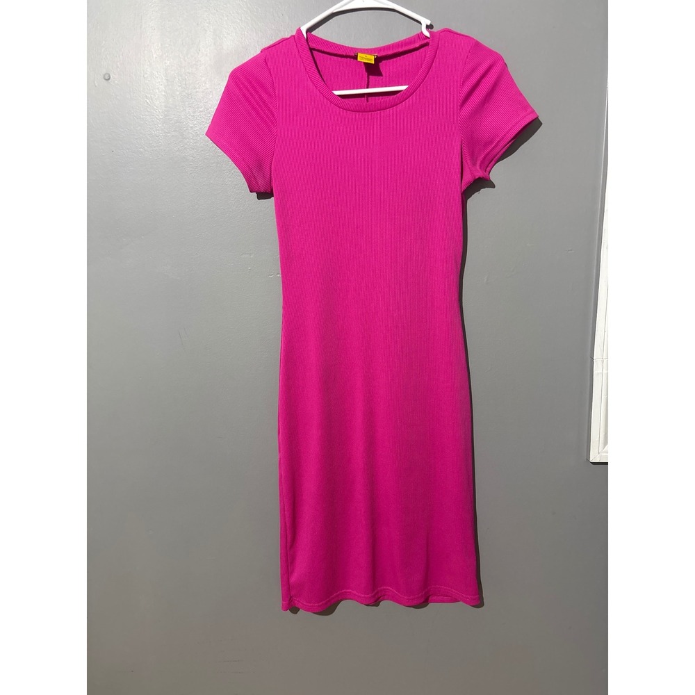 Daisy Hot Pink Ribbed Knit Bodycon Mini Dress Short Sleeve Crew Neck Small